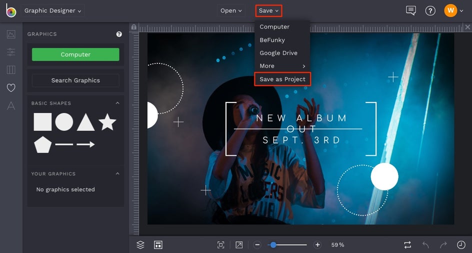 how to save as project in BeFunky