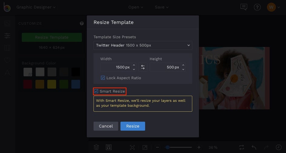 how to resize design templates in BeFunky