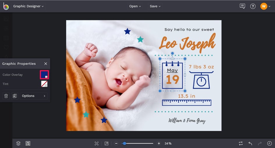 Change the color of graphics in a birth announcement template in BeFUnky designer