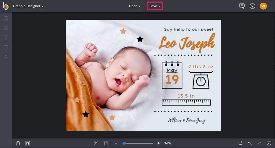 Save and download your birth announcement in BeFunky graphic designer