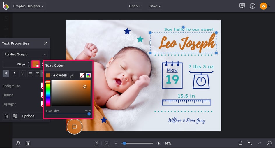 Edit text color for a birth announcement in BeFunky designer