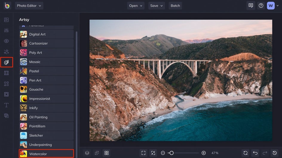 Choose Watercolor effect from Artsy tab